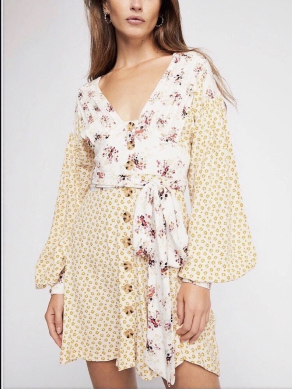 Free People Floral Patchwork Mini Dress Size Large Boho Tie Waist Long Sleeve